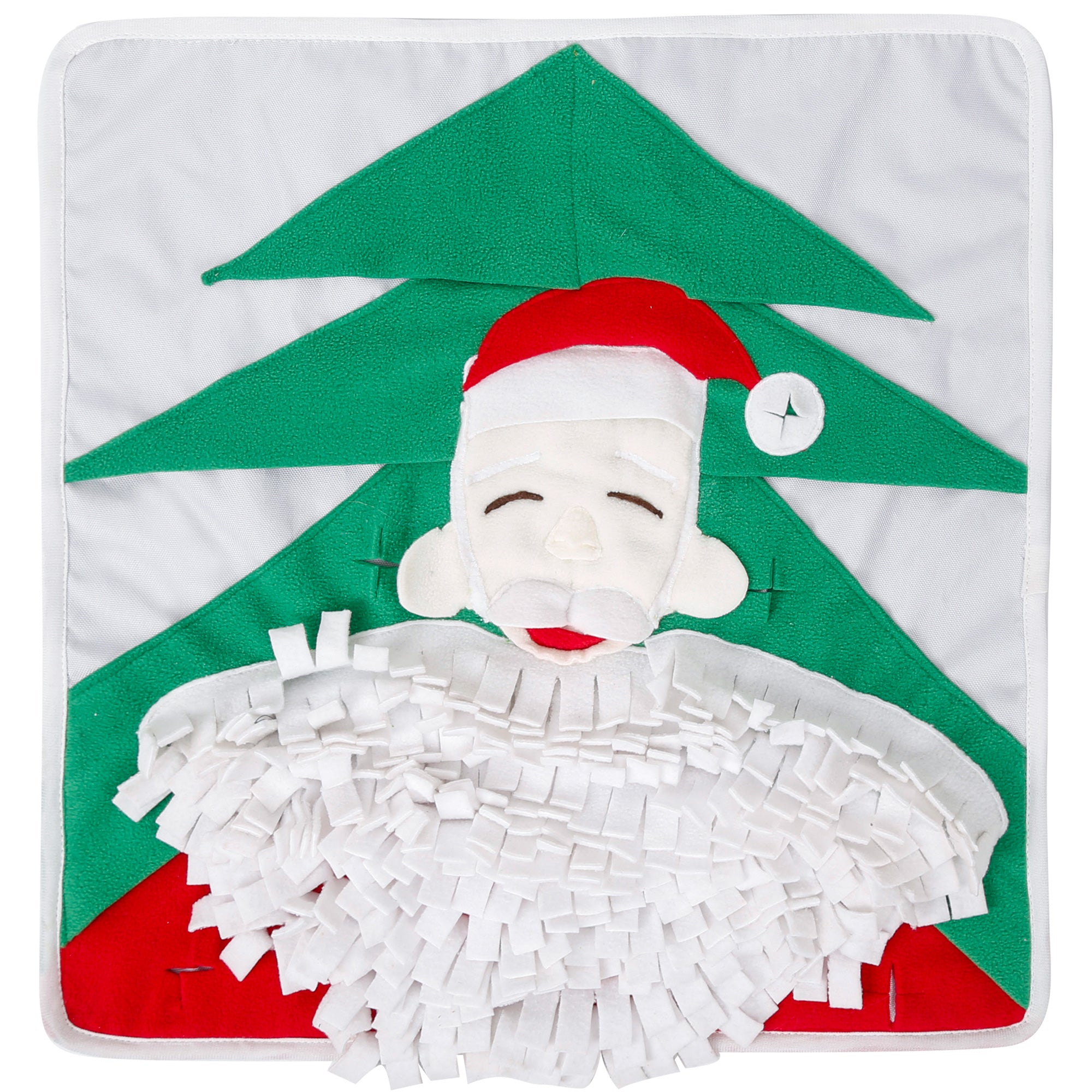 Santa Snuffle Mat for dogs, featuring a festive Santa design with hidden treat pockets, made from durable, non-toxic materials for mental stimulation.