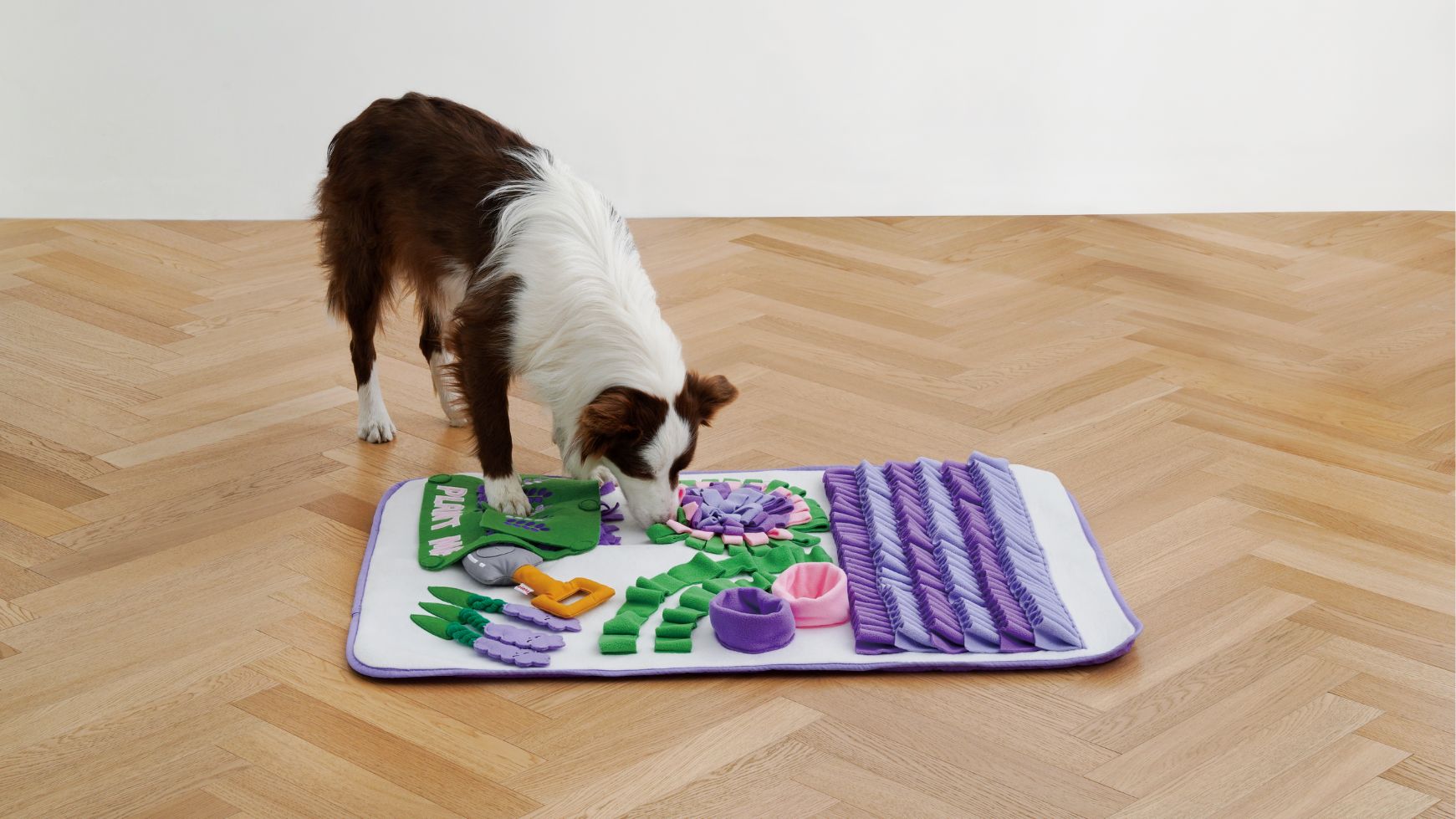 Detailed view of the Lavender Garden Snuffle Mat's soft, plush texture, crafted from recycled materials, providing a sustainable and enjoyable feeding experience for dogs.