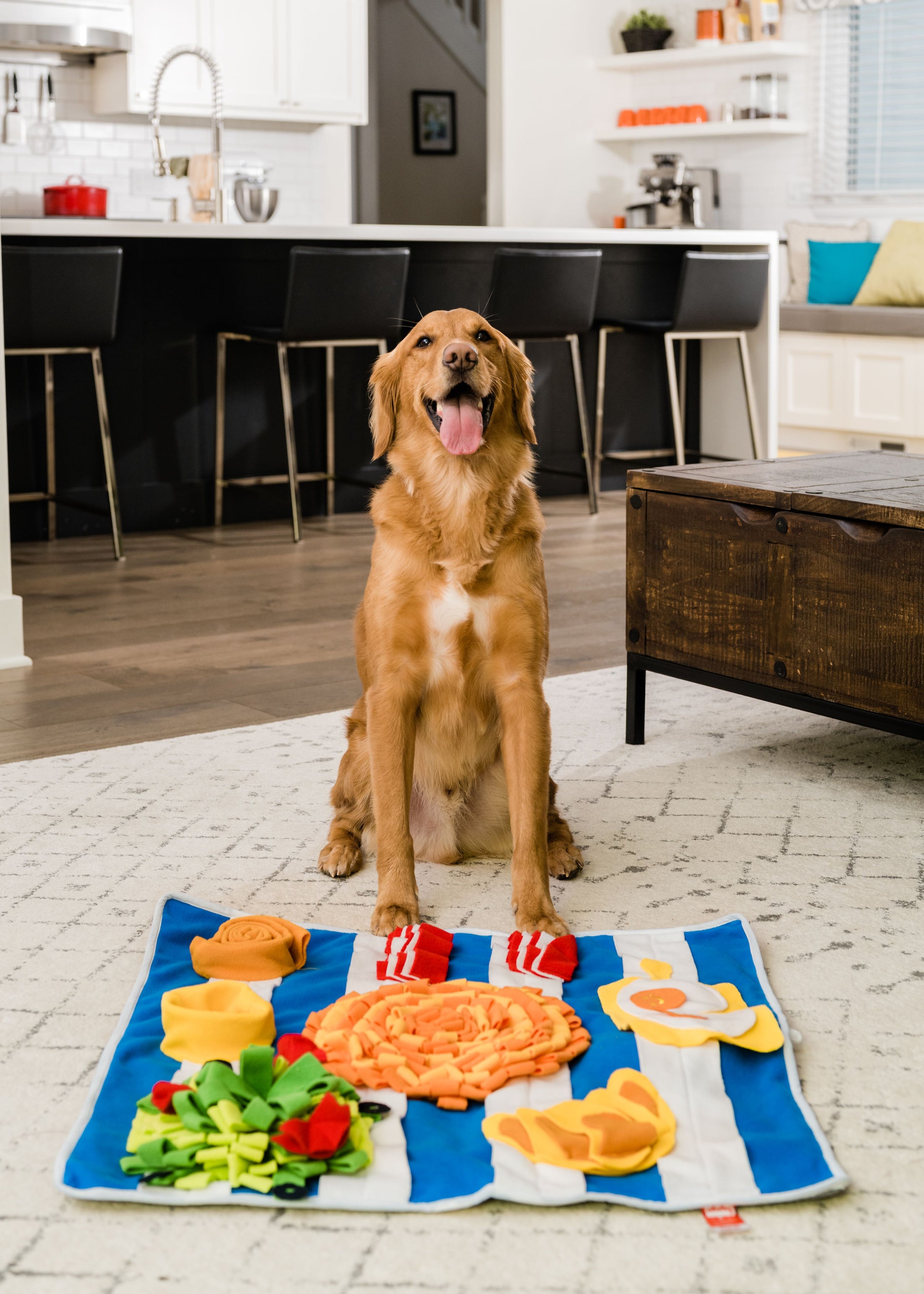 Breakfast Snuffle Mat laid out flat, showcasing its non-slip backing and machine washable fabric, ideal for easy cleaning and maintenance